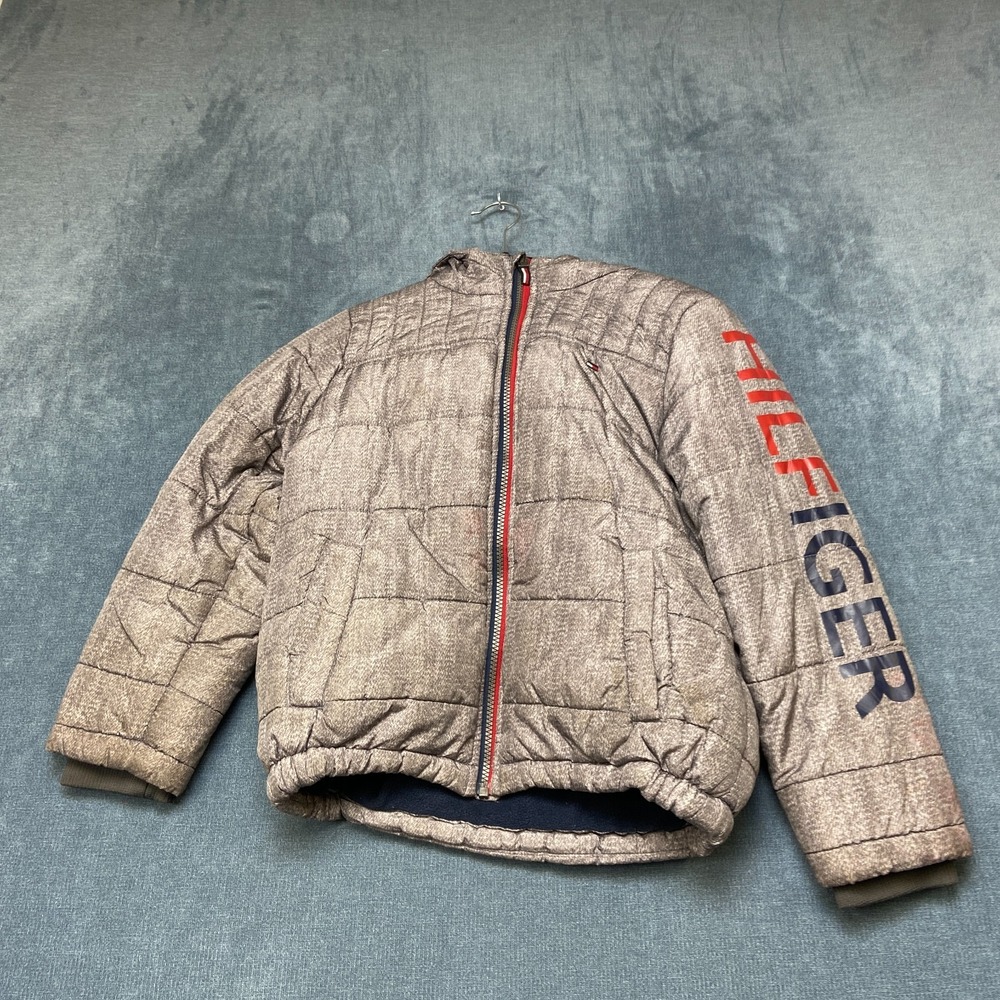 Tommy Hilfiger Puffer Jacket Boys S 7/8 Gray Graphic Logo Long Sleeve Full Zip